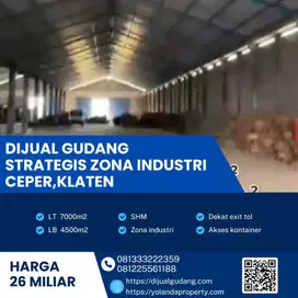Dijual gudang strategis kawasan industri lokasi Ceper, Klaten 7000m2