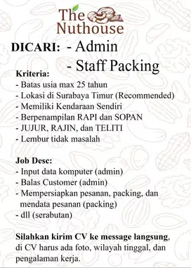 Dicari Admin & Staff Packing Area Surabaya Timur