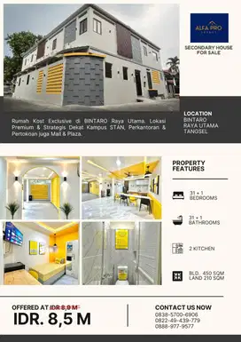 Jual Cepat BU Rumah Kosan Eksklusif Dekat Kampus STAN Bintaro Tangsel