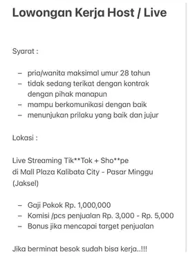 Lowongan Kerja Host Live Streaming