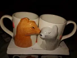 Gelas keramik gagang motif animal couple