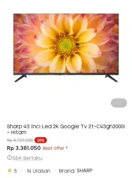 SHARP LED GOOGLE TV 43 INCI 2T-C43GH30001I
