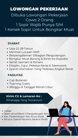 Dicari kariawan cowo 1 sopir kirim barang dan 1 kenek gudang