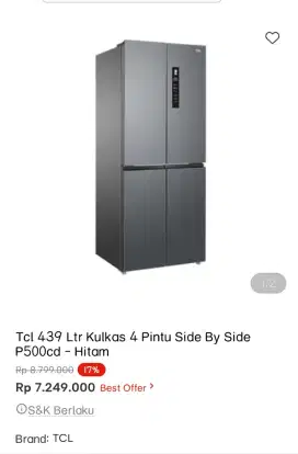 TCL KULKAS 4 PINTU SIDE BY SIDE 439L
