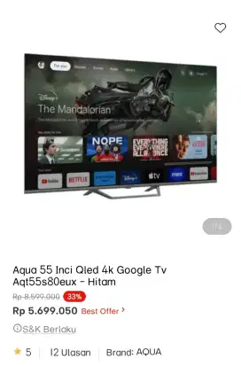 AQUA QLED LED GOOGLE TV 55 INCI