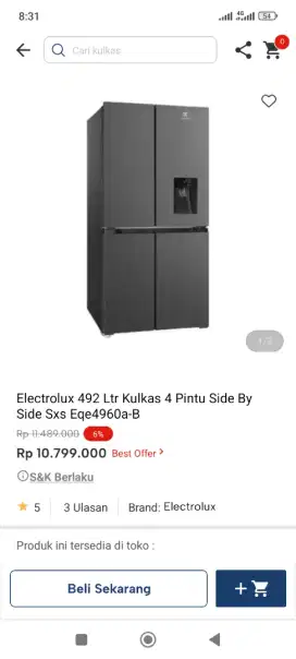Kredit kulkas side bye side Electrolux 492ltr