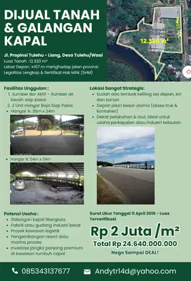 Tanah strategis. Depan Jalan utama dan Laut. Ex Pabrik Kapal