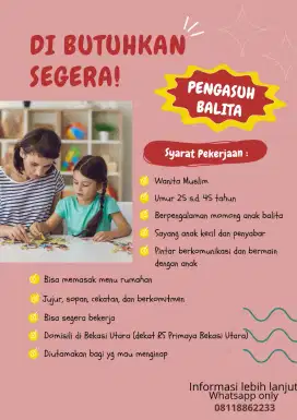 Dibutuhkan Pengasuh Balita usia 3 Tahun