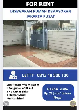 Rumah Kemayoran Jakarta Pusat Rp 75 Juta / tahun Nego