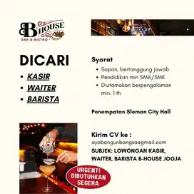 Lowongan kerja WAITER/BAR/KASIR Kafe BHOUSE JOGJAKARTA
