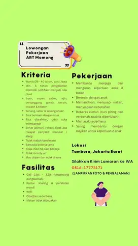 Lowongan art momong sayang anak wilayah jakarta