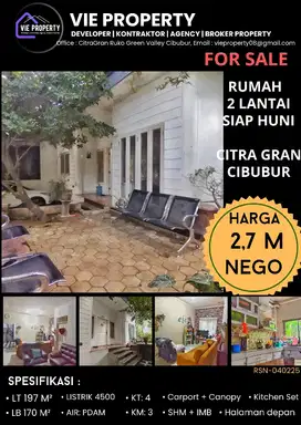 Dijual cepat, murah rumah hoek siap huni di Citra Gran Cibubur