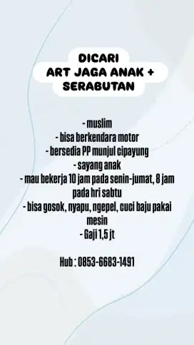 DICARI ART JAGA ANAK DAN SERABUTAN