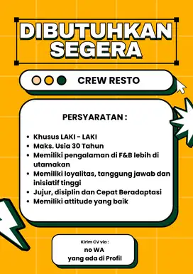 Lowongan Kerja, Posisi : CREW RESTO