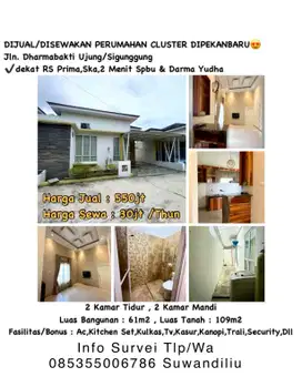 Dijual/disewakan perumahan cluster dipekanbaru