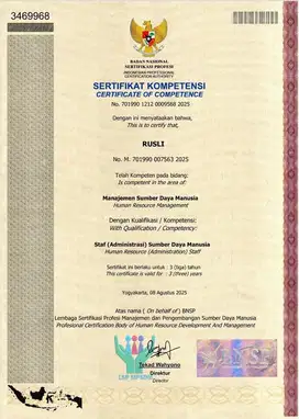 Pengalaman kerja hrd 4 tahun dan certified bnsp HR
