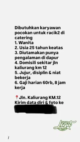 Dibutuhkan karyawati untuk bantu catering