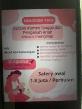 Dibutuhkan Cewek, Momong ART Menginap di sekitar graha villa Pamulang