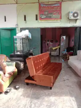 Erafurniture*sofa BED coklat kain baldu motif tarik benang