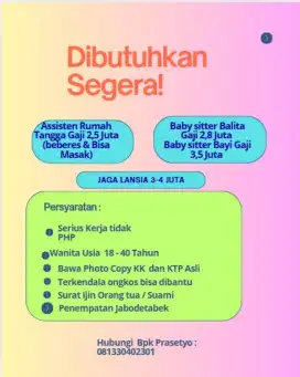 Dibutuhkan ART Dan baby sitter