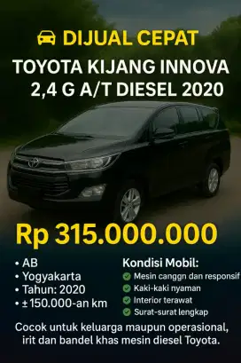 Dijual cepat
Innova 2.4 G A/T 2020
Diesel, AB Bantul. Pajak panjang