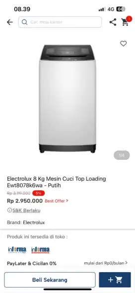 MESIN CUCI ELECTROLUX TOP LOADING EWT8078K6WA 8KG