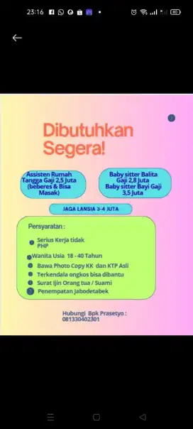 Dibutuhkan ART Dan Baby Sitter