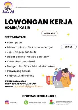 Lowongan admin/kasir klinik hewan suns vet