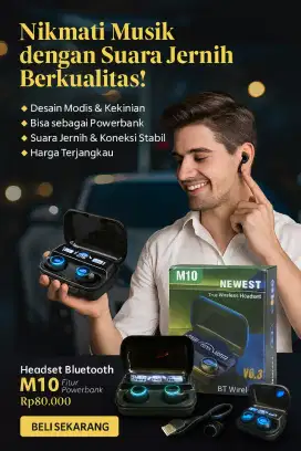 Headset Bluetooth TWS Wireless M10 Digital Multifungsi Powerbank