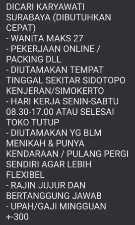 Karyawati packing online dll surabaya sidotopo kenjeran