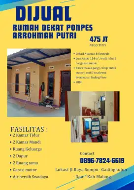 Dijual Rumah lokasi dekat Ponpes Arrohmah putri Malang