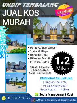 JUAL KOS MURAH 10KT+10KM 1.2MILYAR MULAWARMAN UNDIP TEMBALANG PROMO