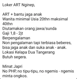 LOKER ART - Tangerang (Majikan Langsung, bukan Penyalur)