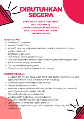 DIBUTUHKAN SEGERA BABY SITTER TIDAK MENGINAP  (PULANG PERGI)