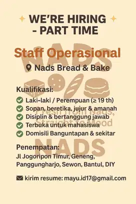 PART TIME  STAFF OPERASIONAL NADS BREAD & BAKE