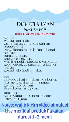 DIBUTUHKAN SEGERA HOST LIVE STREAMING