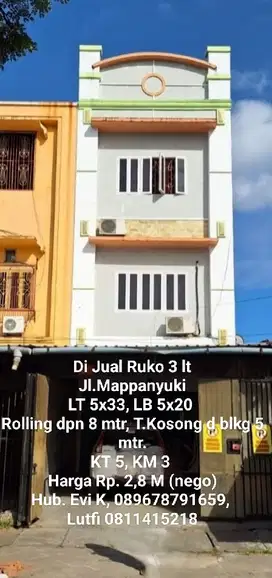 Di Jual Ruko 3 lt, jl Mappanyuki
