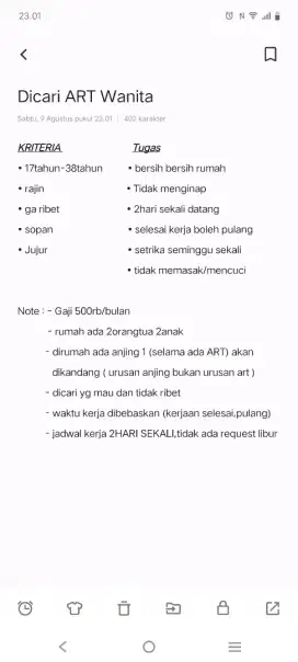 Dicari ART WANITA