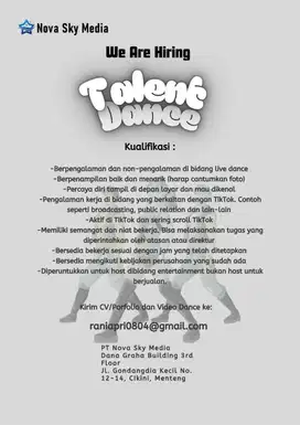 Lowongan kerja host live, talent dance, dan videographer