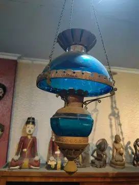 Lampu Gantung Antik Kaca Biru & Kuningan