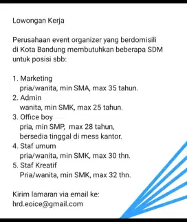Lowongan admin marketing staf kreatif & office boy