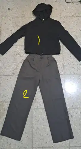 jacket hitam dan celana abu2 keunguan formal (harga 2 pcs)