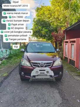 Mobil Avanza MT 2010 

Warna merah marun 
Km 74000
Variasi bumper dpn