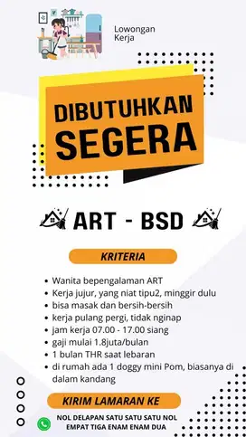Dicari ART di Foresta, BSD Bisa PP