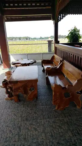Kursi Teras Kayu Jati Asli 2 Kursi panjang 1,5m + 1 Meja panjang 1,5m