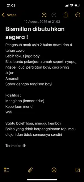Dibutuhkan segera art bisa momong anak menginap