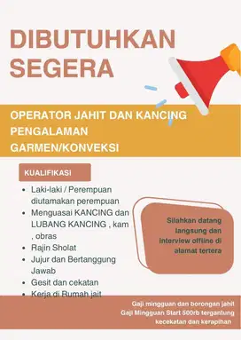 DIBUTUHKAN OPERATOR KANCING LUBANG JAHIT