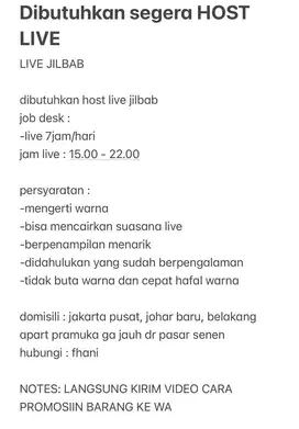 lowongan kerja host live jilbab jakpus johar baru blkng apart pramuka