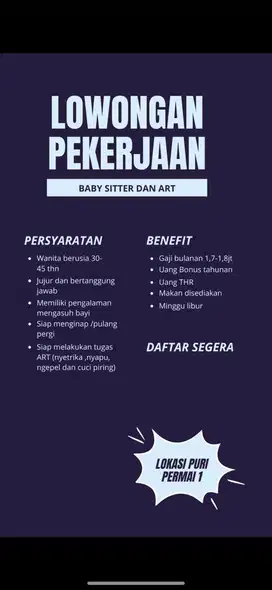 Dicari baby sitter+ART segera