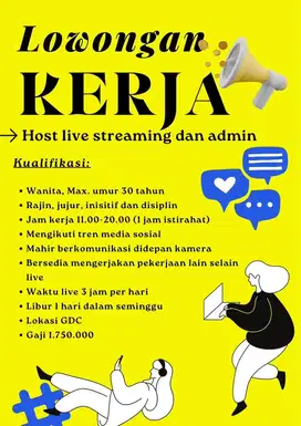 Lowongan kerja host live streaming dan admin